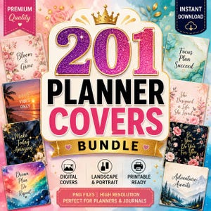May include: A digital bundle of 201 planner covers featuring a central gold crown icon and the text 201 PLANNER COVERS BUNDLE. The design includes various square cover samples with floral, sunset, marble, and galaxy patterns, plus icons for digital, landscape, portrait, and printable formats.