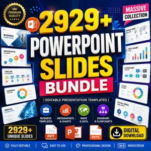 Może przedstawiać: Cyfrowy pakiet ponad 2929 slajdów programu PowerPoint z edytowalnymi szablonami prezentacji. Grafika przedstawia różne przykłady slajdów, w tym prezentacje biznesowe, infografiki, mapy świata, wykresy i schematy blokowe.