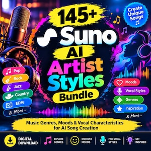 May include: A digital graphic for a Suno AI artist styles bundle featuring a microphone, headphones, and a silhouette of a person. Text includes 145+ Suno AI Artist Styles Bundle, Music Genres, Moods & Vocal Characteristics for AI Song Creation.