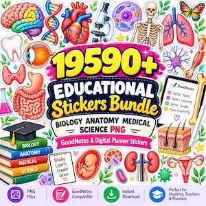 Può includere: Un set di adesivi digitali con illustrazioni colorate di anatomia umana, biologia e scienza. Il testo centrale recita 19590+ EDUCATIONAL Stickers Bundle BIOLOGY ANATOMY MEDICAL SCIENCE PNG. Include organi, cellule e strumenti di studio.
