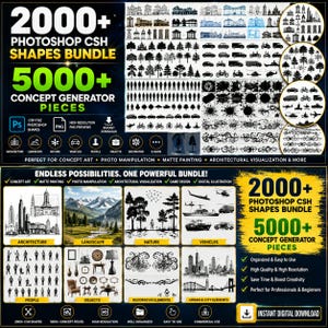 Op de afbeelding: Een digitaal pakket met meer dan 2000 Photoshop CSH-vormen en 5000 conceptgenerator-onderdelen. De afbeelding toont categorieën zoals architectuur, landschappen, natuur, voertuigen, mensen, objecten en decoratieve elementen voor digitaal ontwerp.