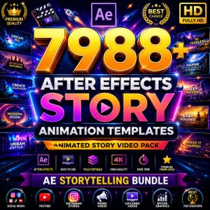 May include: A digital graphic for 7988+ After Effects Story Animation Templates. The design features bold gold text, neon blue and pink accents, and various icons representing social media, video editing, and motion graphics software features.