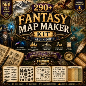 May include: A digital fantasy map maker kit featuring the text 290+ FANTASY MAP MAKER KIT ALL-IN-ONE. The graphic includes illustrations of a wizard, a dragon, mountains, a port, a compass, scrolls, and various design assets like brushes, stamps, and fonts.