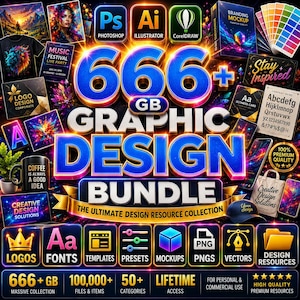 666+ GB Graphic Design Bundle | Photoshop, Illustrator, CorelDRAW, Logos, Fonts, Templates, Presets, Mockups, PNGs & Design Resources