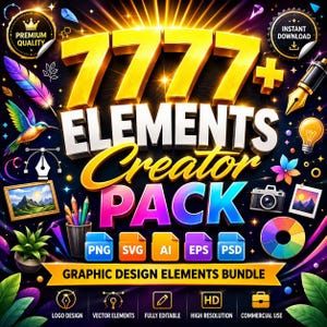 Puede incluir: Un paquete de elementos de diseño gráfico digital con el texto 7777+ ELEMENTS Creator PACK. La imagen incluye iconos para formatos de archivo PNG, SVG, AI, EPS y PSD, un colibrí, una pluma estilográfica, una cámara, un círculo cromático.