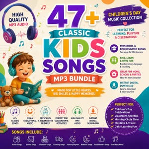 Może przedstawiać: Cyfrowy pakiet muzyczny zatytułowany 47+ Classic Kids Songs MP3 Bundle przedstawiający rysunkowe dziecko w turkusowych słuchawkach czytające książkę obok pluszowego misia. Grafika zawiera tekst o wysokiej jakości dźwięku, natychmiastowym pobieraniu oraz kategoriach piosenek, takich jak rymowanki, piosenki o zwierzętach i piosenki do liczenia.