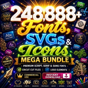 May include: A digital graphic advertisement for a 248,888+ Fonts, SVGs & Icons Mega Bundle. The text features bold, glowing, multi-colored lettering against a dark background with various icons, file format labels, and design elements.