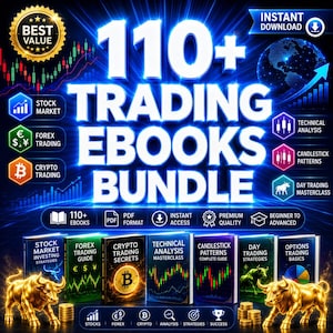 以下が含まれることがあります： 青い背景に太い白文字で「110+ TRADING EBOOKS BUNDLE」と書かれたデジタル教材セット。株式市場、FX、仮想通貨取引のアイコン、金の雄牛の像、および金融関連の書籍の表紙画像が含まれています。