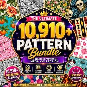Può includere: Un annuncio grafico digitale per una collezione di oltre 10.910 motivi senza giunture. Lo stemma centrale a forma di scudo scuro presenta un testo dorato che recita THE ULTIMATE 10,910+ PATTERN BUNDLE. Attorno allo stemma si trovano vari campioni di motivi tra cui fiori, teschi, arance, cuori e forme geometriche.