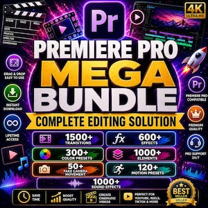 Peut inclure: Un graphique numérique pour un Premiere Pro Mega Bundle avec du texte jaune en gras, des contours néon et des icônes pour 1500+ transitions, 600+ effets, 300+ préréglages couleur, 1000+ éléments, 50+ mouvements de caméra et 1000+ effets sonores.