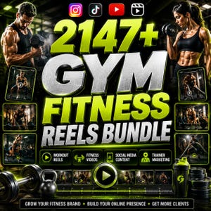Könnte beinhalten: Ein digitales Marketing-Paket für Fitnessprofis mit dem Text 2147+ GYM FITNESS REELS BUNDLE. Die Grafik enthält Bilder von Personen, die mit Hanteln und Battle Ropes trainieren, sowie Social-Media-Symbole und Vorschaubilder für Videos.