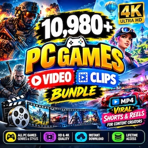Könnte beinhalten: Eine digitale Werbegrafik für ein Paket mit über 10.980 PC-Spielen, Videoclips und viralen Shorts. Das Bild zeigt verschiedene Spielfiguren, einen roten Sportwagen, eine Filmrolle und Text, einschließlich 4K ULTRA HD und MP4.