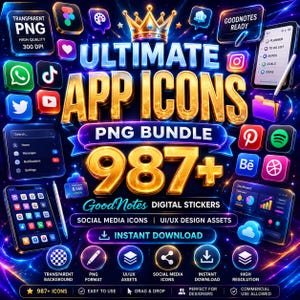 Può includere: Un pacchetto digitale di oltre 987 icone di app e adesivi con testo 3D dorato che recita ULTIMATE APP ICONS PNG BUNDLE. La grafica include vari loghi di social media, risorse di design UI/UX ed elementi per planner digitali su sfondo blu.