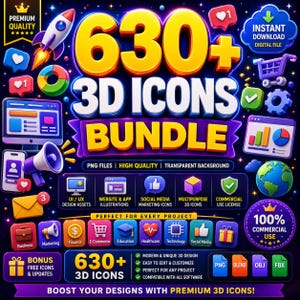 May include: A digital bundle of 630+ 3D icons featuring a rocket, shopping cart, megaphone, and various UI elements. The graphic includes text such as 630+ 3D ICONS BUNDLE, PNG FILES, HIGH QUALITY, TRANSPARENT BACKGROUND, and 100% COMMERCIAL USE.