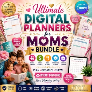 以下が含まれることがあります： Ultimate DIGITAL PLANNERS for MOMS BUNDLEというテキストが記載されたデジタルプランナーバンドルの広告。家族、予算、食事、ホームスクーリング、ビジネスプランニングのアイコンと、プランナーの画像、本を読む家族の姿が描かれています。