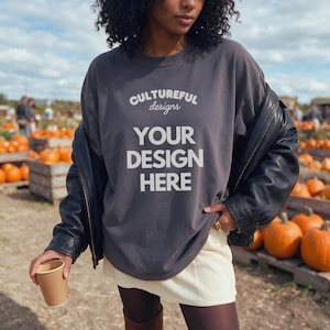 Autumn Fall Pumpkim Patch Picking POD Mockup Comfort Colors 1717 Pepper Black Women Tshirt Black Brown Model JPG Template Digital Download