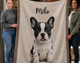 Custom Woven Pet Photo Blanket, Personalized Dog Cat Gift. FREE Digital Proof Included.