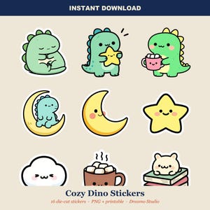 Kawaii Bedtime Stickers - 16 Sleepy Dinos, Moons and Stars, Digital and Printable PNG for Goodnotes, Planner Sticker Pack