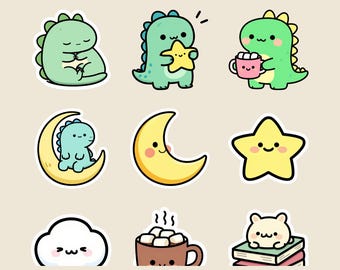 Naklejki na dobranoc Kawaii – 16 śpiących dinozaurów, księżyców i gwiazd, cyfrowe i do druku pliki PNG dla Goodnotes, pakiet naklejek do planera