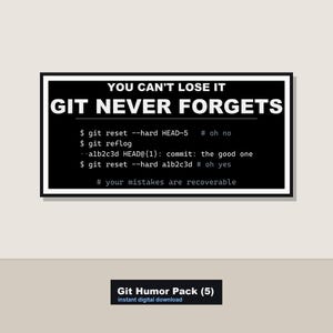 Paquete de humor sobre Git (5 diseños) / Descarga digital divertida sobre control de versiones / Regalo imprimible para desarrolladores con temática de conflictos de fusión y culpas a Git