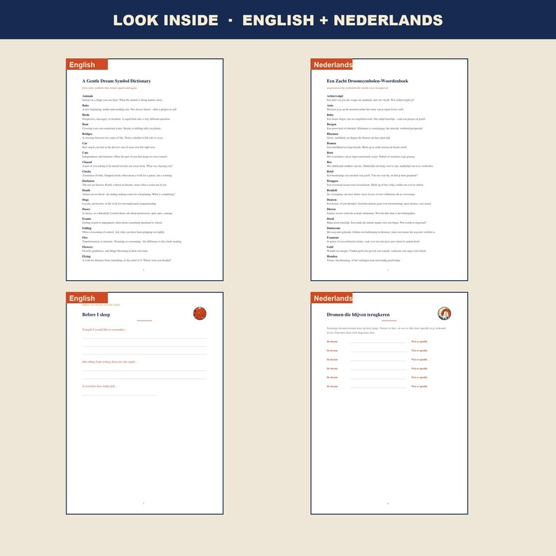 Dream Journal Printable with Dream Symbol Dictionary - English and Dutch, Sleep Diary, A4 and US Letter PDF image 2