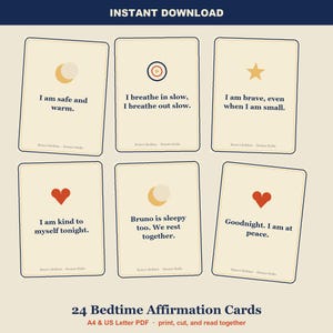 Bedtime Affirmation Cards for Kids - 24 Printable Calm Down Cards for Toddler Sleep Routine, Dinosaur Nursery, A4 + US Letter PDF image 1