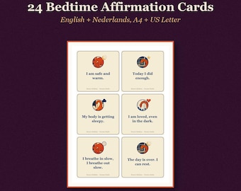 Cartes d'affirmation positive pour l'heure du coucher des enfants - 24 cartes apaisantes à imprimer pour la routine du coucher des tout-petits, thème dinosaures, format PDF A4 et US Letter