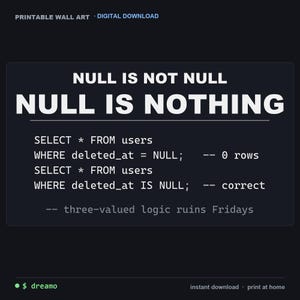 Affiche humoristique SQL Developer - NULL n'est pas NULL