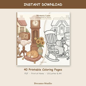 Large Print Coloring Pages for Seniors - 40 Bold Easy Nostalgic Designs, Printable PDF