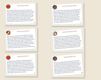 Karty z bajkami na dobranoc dla dzieci – 14 krótkich opowiadań do druku, karty do czytania na głos z dinozaurami, format A4 i US Letter (PDF)