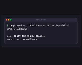 Pode incluir: Uma arte de parede digital com uma janela de terminal escura contendo o texto: $ psql prod -c "UPDATE users SET active=false" UPDATE 10847293 you forgot the WHERE clause. so did we. no rollback. O design inclui um cabeçalho zsh.
