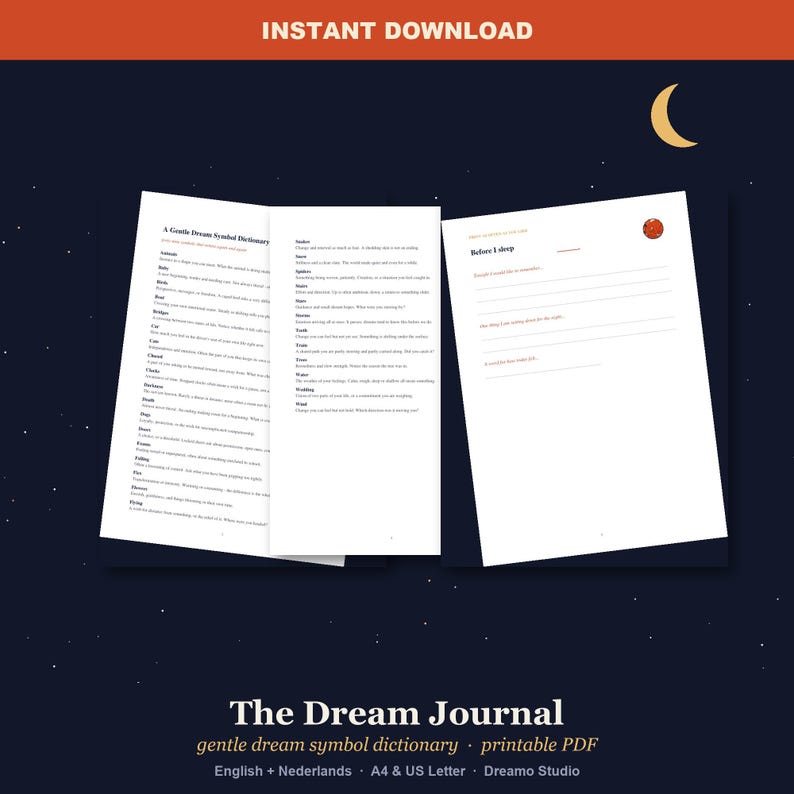 Dream Journal Printable with Dream Symbol Dictionary - English and Dutch, Sleep Diary, A4 and US Letter PDF image 1