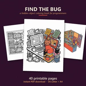 May include: A colouring book titled FIND THE BUG, a hidden-object colouring book for programmers, featuring 40 printable pages. The cover displays a central illustration of a desk with a computer, a cat, and office supplies, flanked by two other pages.