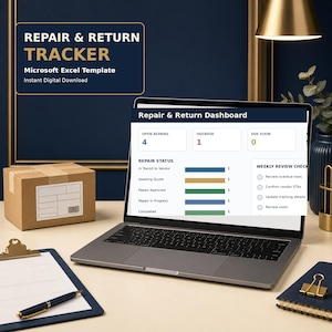 May include: A laptop screen displaying a Repair & Return Dashboard with status metrics and a weekly review checklist. The text REPAIR & RETURN TRACKER Microsoft Excel Template is visible above. A cardboard box and clipboard are on the desk.
