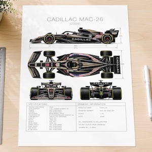 May include: A technical print titled CADILLAC MAC-26 (2026) featuring side, top, front, and rear views of a black and gold Formula 1 race car with American flag accents. The poster includes detailed specifications and drawing information in English.