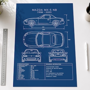 Może przedstawiać: Niebieski plakat z technicznym rysunkiem Mazdy MX-5 NB, przedstawiający widoki z boku, z góry, z przodu i z tyłu za pomocą białych linii, wymiary w milimetrach oraz szczegółową tabelę specyfikacji dla roczników 1998-2005.