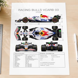 May include: A technical print of the Racing Bulls VCARB 03 (2026) Formula 1 car, featuring side, top, front, and rear views with dimensions in millimetres. The white, blue, and red car includes sponsor logos like Hugo and Visa. Includes a data table.