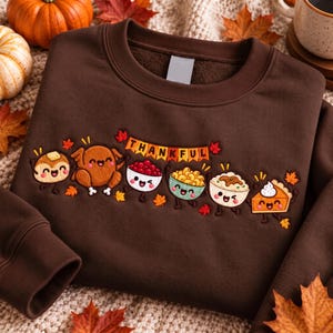 Embroidered Thanksgiving Doodle Sweatshirt, Thankful Turkey Pie Coffee Crewneck, Cozy Fall Holiday Pullover, Funny Thanksgiving Gift for Her