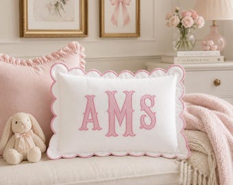 Personalized Monogram Pillow Cover, Scalloped Embroidered Cushion, Custom Initial Nursery Name Pillow, Grandmillennial Home Decor Gift