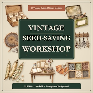 Könnte beinhalten: Eine Sammlung von 25 handgemalten Vintage-Clipart-Designs mit einer hölzernen Samentruhe, einer Metalldose, einer Sonnenblume, getrockneten Kräutern an einem Haken, Erbsenschoten, einem Holztisch mit offenem Buch und einem Fach mit verschiedenen Samen.