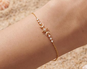 Pulsera delicada de oro con diseño de luna celestial, dije de luna creciente y estrella, pulsera minimalista y delicada, regalo de cumpleaños o aniversario para ella.