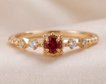 Bague en rubis pour femme, bague de promesse vintage en pierre rouge, bijou élégant en or, cadeau idéal pour elle, bague d'anniversaire romantique