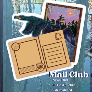 May include: A 7.62 cm vinyl sticker of a dark green cormorant in flight, a 10.16 x 15.24 cm postcard featuring a cormorant in a forest landscape, and a tan postcard back with a stamp design, a bird illustration, and the text Mossy Cryptid Mail Club.