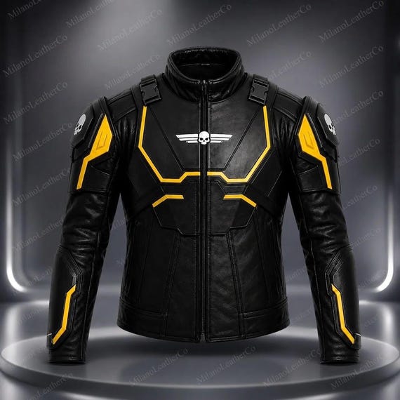 Black Yellow Leather Jacket Futuristic Sci Fi Armor Cosplay Costume Cyberpunk Biker Motorcycle Jacket Mens Leather Jacket