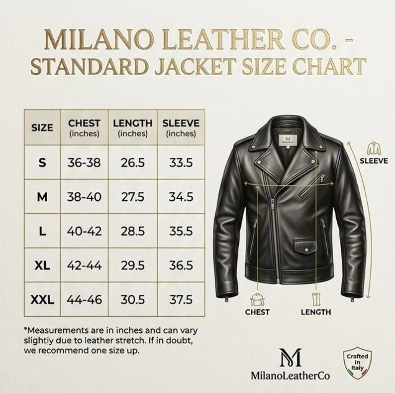 Może przedstawiać: Czarna sk&oacute;rzana kurtka obok tabeli rozmiar&oacute;w zatytułowanej Milano Leather Co. Standard Jacket Size Chart. Tabela zawiera wymiary klatki piersiowej, długości i rękaw&oacute;w w calach dla rozmiar&oacute;w od S do XXL, ze strzałkami wskazującymi punkty pomiaru.