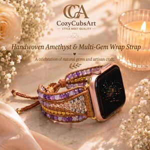 May include: A handwoven wrap strap for a smartwatch featuring rows of purple amethyst beads, clear faceted crystals, and metallic gold-toned cube beads on a brown leather cord. The strap is attached to a rose gold smartwatch case.