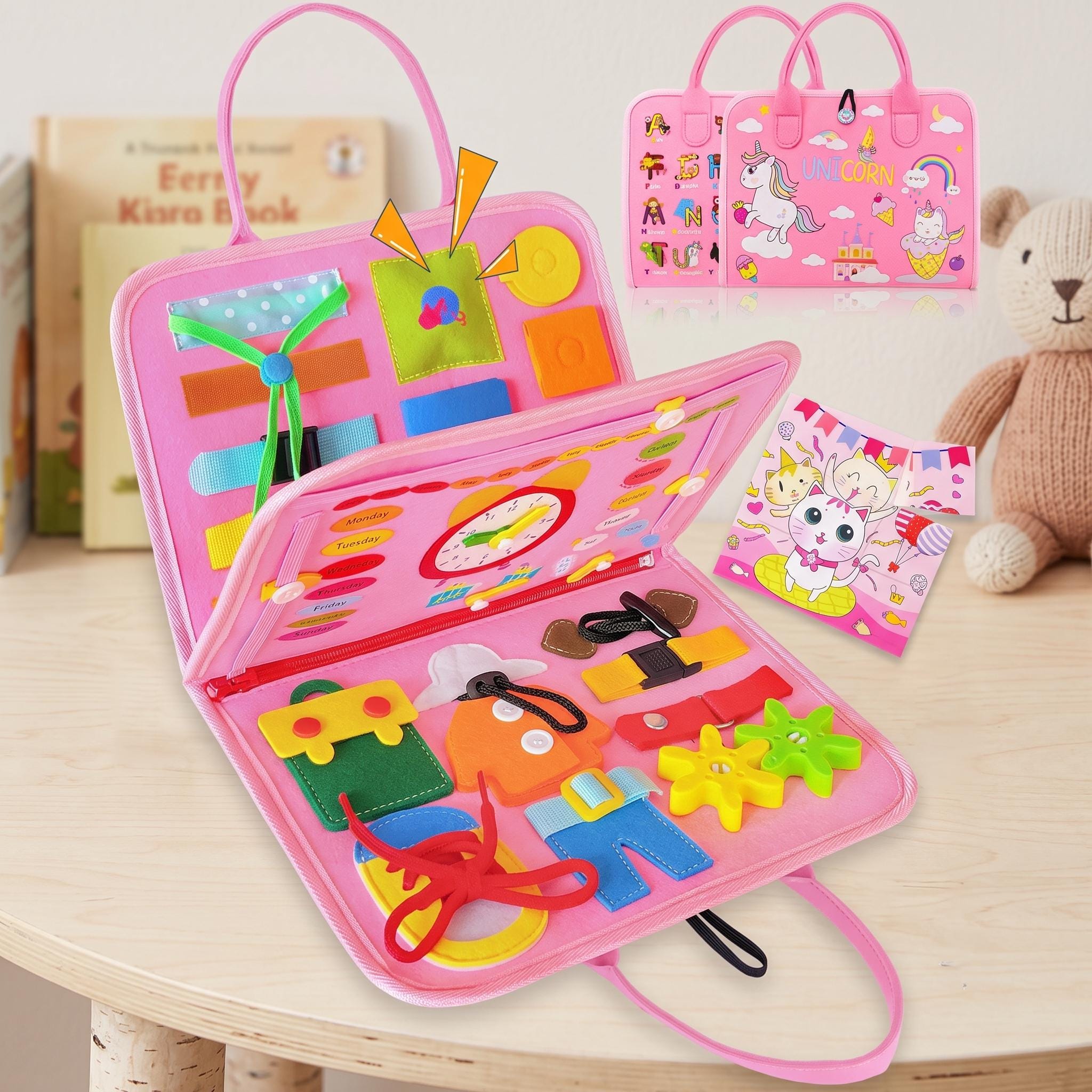Montessori Busy Book Toddler Travel Toy, Sensory Activity Board, Dinosaur Unicorn Quiet Book