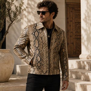 Python Embossed Genuine Leather Jacket Men, Snake Print Biker Coat, Luxury Streetwear Style, VELNOR Vipera, Handmade Gift