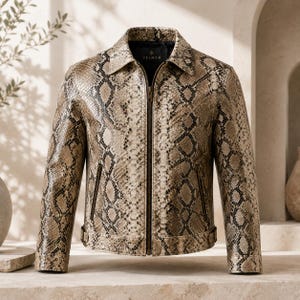 May include: A long-sleeve jacket featuring a tan and black snakeskin pattern. The garment has a classic collar, a full-length central zipper, and two vertical zippered pockets at the waist. The interior label displays the brand name VELNOR.