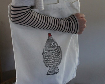 Tote bag, shopping bag, hand printed bag, soy sauce fish bag by Willow Designs